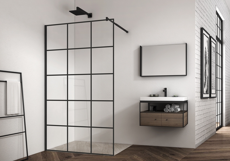 EX-100-3 6/8/10 mm penutup pancuran walk-in kotak hitam matt